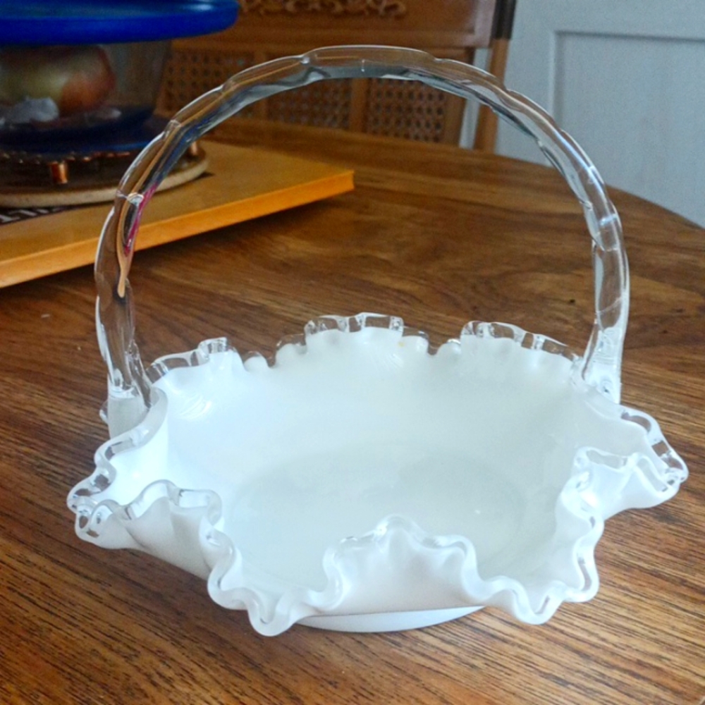 Vintage FENTON Silver Crest White Milk Glass BASKET with RUFFLED EDGE